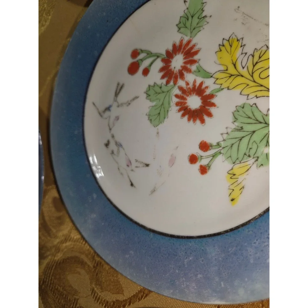 Vintage Japanese Lusterware Bluebird Flower Plates Set of 7 Made in Japan Blue